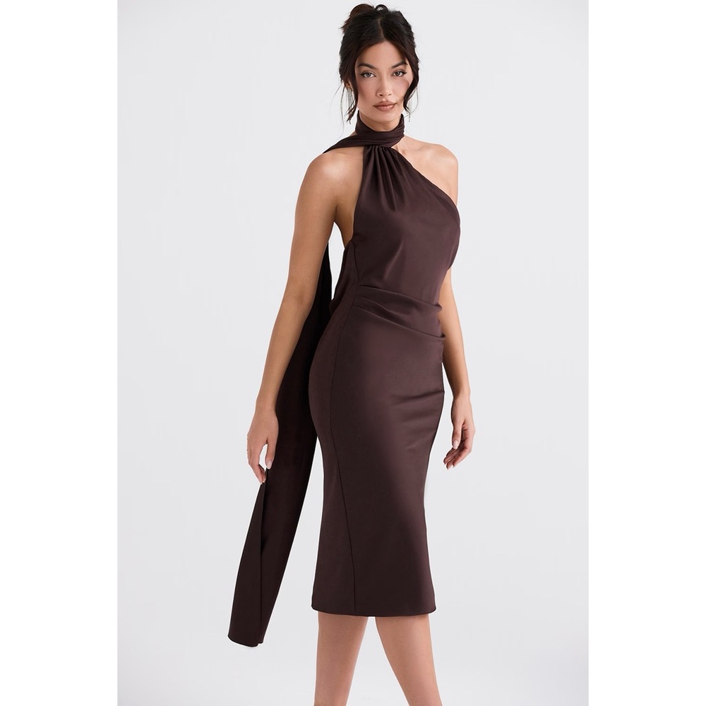House of CB Angelina Chocolate Wrap Neck Midi Dress brown
